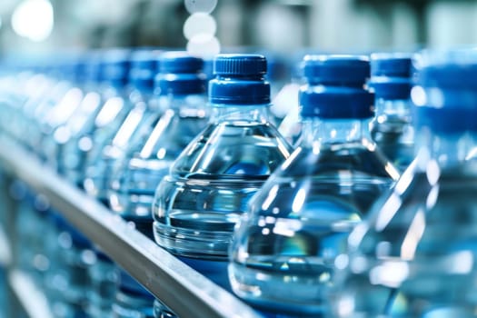 A row of bottled water bottles is seen moving along a conveyor belt in a factory setting. The bottles appear uniform and are being transported for packaging or distribution.
