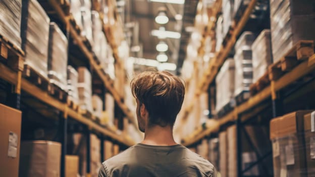 A man is standing in a warehouse, attentively inspecting a stack of cardboard boxes. The warehouse is dimly lit, with shelves filled with various goods surrounding him. He seems focused on the task at hand.
