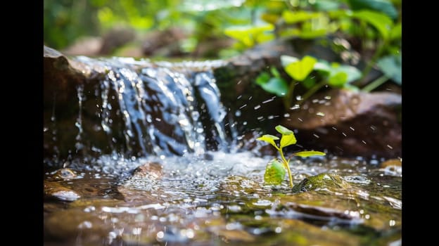 A small green plant shoots up from the water, with its delicate leaves glistening under the sunlight. The plant is surrounded by clear water, showcasing its resilience and growth in a challenging environment.