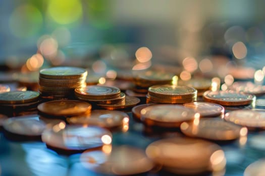 A table is covered with a multitude of different types of coins, ranging from pennies to foreign currency. The coins are neatly arranged in rows across the surface of the table, creating a colorful and diverse display.