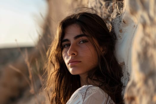A woman is leaning against a rough stone wall, her posture relaxed. She gazes into the distance, her expression thoughtful. The stone wall is textured and weathered, contrasting with the womans curated appearance.