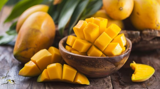 A wooden bowl is filled with ripe mangoes that have been meticulously cut into small, bite-sized pieces. The vibrant orange flesh contrasts beautifully with the dark, smooth wooden surface of the bowl.