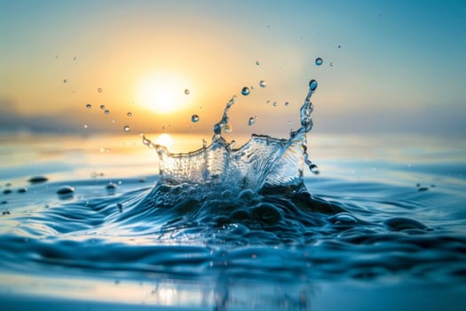 A dynamic water splash captured against the backdrop of the sun shining brightly in the sky. The water droplets are frozen in motion, creating a visually striking contrast with the glowing sun.