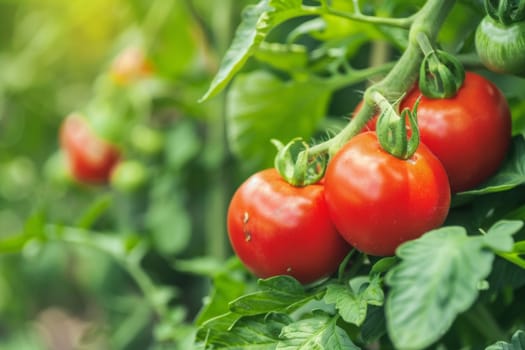 This close-up shot shows red, ripe tomatoes growing on a healthy green tomato plant. The tomatoes are in various stages of ripeness, from green to bright red, with vines and leaves surrounding them.