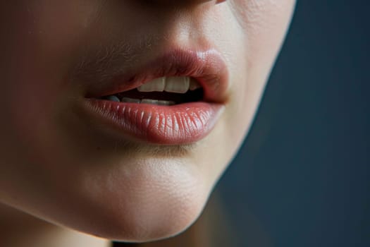 A close-up view of a womans face with her mouth wide open. The image focuses on the womans facial expression as she engages in the action of opening her mouth.