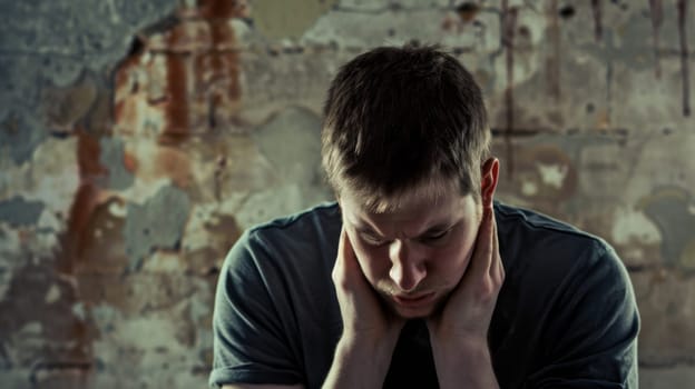 A man sitting in front of a wall with his hands pressed against his face. He appears deep in thought or distress, with a pensive expression on his face.