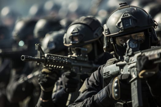 A group of soldiers is shown holding guns in their hands, each one dressed in military uniform. The soldiers appear alert and ready for action, standing in a formation. The guns are prominently displayed, showcasing the serious and potentially dangerous nature of the situation.