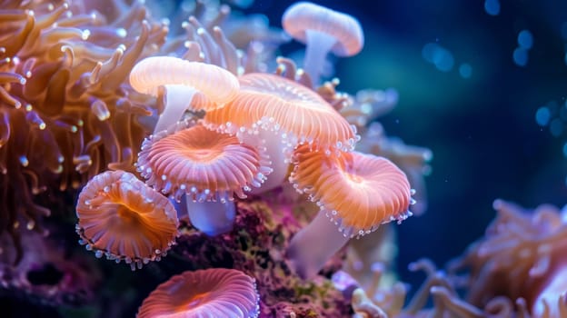 Several sea anemones of various colors and sizes are clustered together in an aquarium, swaying gently with the current. Their tentacles are extended, capturing small particles of food floating by.