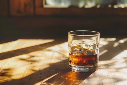 A glass of whiskey is placed on top of a wooden table, creating a simple yet elegant composition.