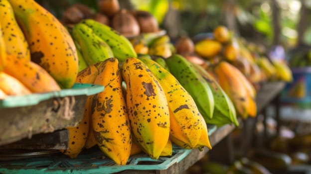A bunch of bananas sitting on a wooden table, showcasing their yellow peel and varying degrees of ripeness. The bananas are arranged in a cluster, with some slightly leaning against each other.