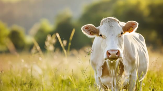 A cow is standing amidst a field of tall, green grass. The cows black and white coat contrasts with the lush vegetation surrounding it. The animal appears calm and content as it grazes on the grass.