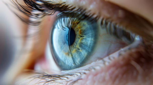 A detailed view of a persons blue eye, showcasing the intricate patterns of the iris and the reflection of light. The eye is open and focused, giving a clear look into the soul through its piercing gaze.