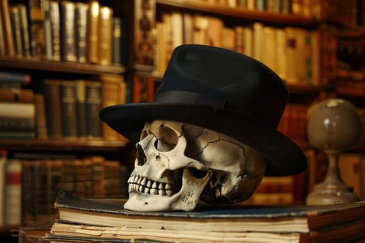 A skull with a black hat perched on top, surrounded by a stack of books. The skull is prominently featured, with the hat adding a touch of character. The books underneath suggest knowledge or education.