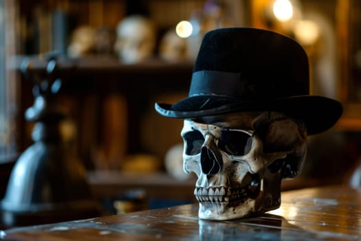 A skull wearing a top hat rests on a table in a simple and striking composition. The skulls empty eye sockets, stark against the dark surface, create a macabre yet intriguing image.