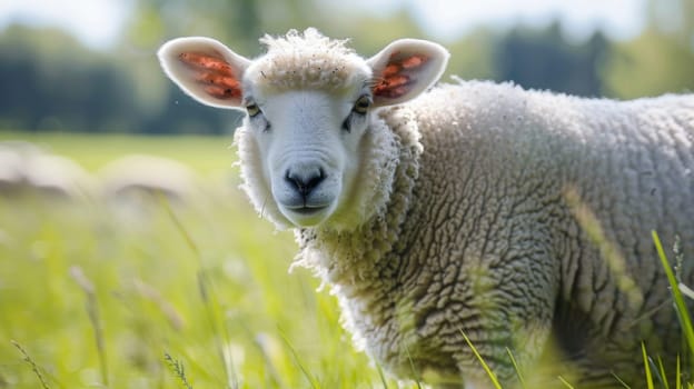 A sheep is shown up close, surrounded by a field of green grass. The sheep is peacefully grazing, with its woolly coat blending into the natural landscape.
