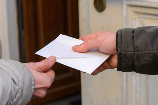 Two individuals are shown in an exchange where one person is offering a piece of paper to the other. The gesture is clear and direct, emphasizing communication and transfer of information.