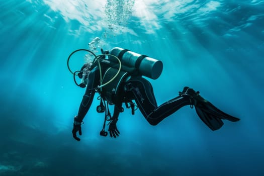A person in a scuba suit is diving in the ocean, surrounded by clear blue water and marine life. The diver is equipped with a tank, mask, and fins, moving gracefully through the underwater world.
