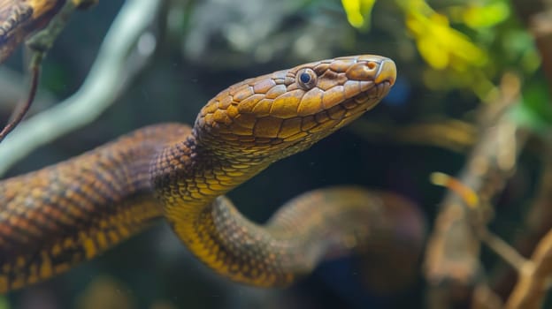 This close-up view shows a snake perched on a tree branch, showcasing its scales and distinctive pattern. The snakes body coils around the branch, its head raised and alert, ready to strike if necessary.
