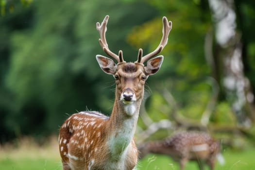 A close-up view of a deer with prominent antlers standing in the foreground, with other deer grazing in the background. The deers fur is detailed, and the antlers are prominently displayed.