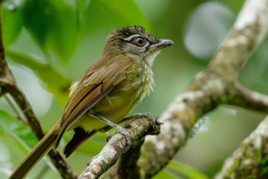 A small bird is perched on a tree branch, looking around. Its feathers are a mix of brown and white, blending with the bark of the tree. The bird seems alert and observant, possibly searching for food or watching for predators.