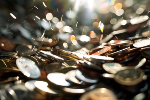 A pile of shiny coins neatly stacked on top of a wooden table. The coins vary in size and color, reflecting light in different angles. Some coins are scattered around the stack, creating a sense of abundance and wealth.