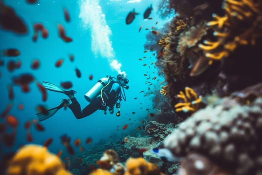 A person is seen swimming in the ocean surrounded by a school of fish. The persons movements create ripples in the water as the fish swim gracefully around them.