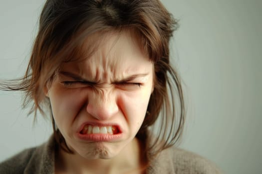 A woman is seen with her hands covering her face, her fingers slightly spread apart. She appears to be in distress or deep thought, possibly experiencing a moment of vulnerability or anxiety.