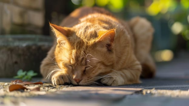 An orange cat is laying down on the ground, its paws tucked underneath its body. The cats eyes are partially closed, and it looks relaxed in its position.
