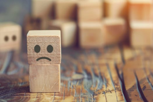 A wooden block with a sad face drawn on it, depicting a frown and downturned eyes. The sad expression is prominently displayed on the smooth surface.