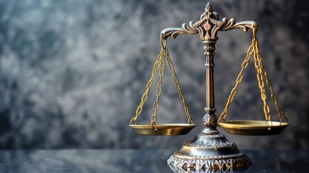 A golden balance scale is placed elegantly on a black table, creating a striking contrast between the shiny metallic surface and the dark backdrop. The scale appears to be in perfect equilibrium, symbolizing fairness and justice.