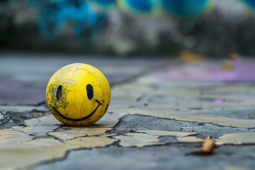 A bright yellow smiley face ball sits on the ground, looking cheerful and inviting. The ball is round and bouncy, with a large smile and eyes that give it a friendly appearance.