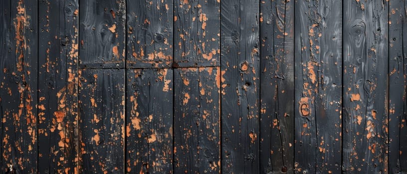 Panoramic shot of aged black wooden boards with traces of orange paint, showing a unique texture