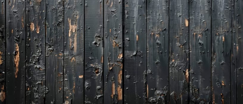 Panoramic shot of aged black wooden boards with traces of orange paint, showing a unique texture