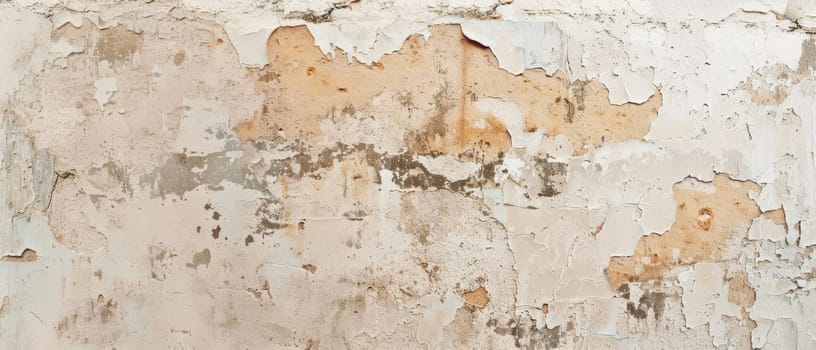 Panoramic view of a beige decaying wall with a rich tapestry of peeling paint and textured detail