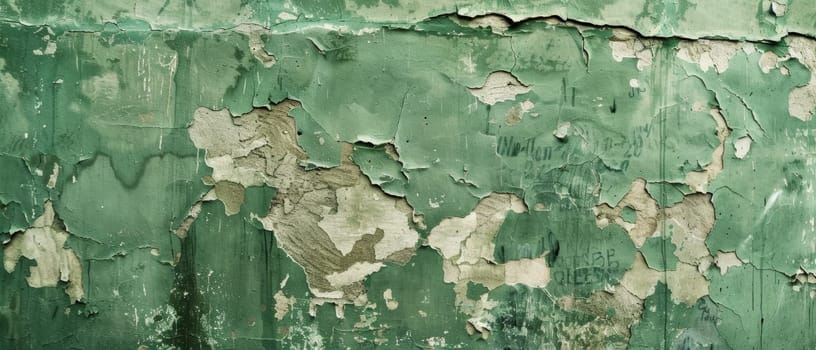 Wide-angle view of a deteriorated emerald green painted surface, showcasing a mix of peeling layers, crackled patterns, and underlying textures