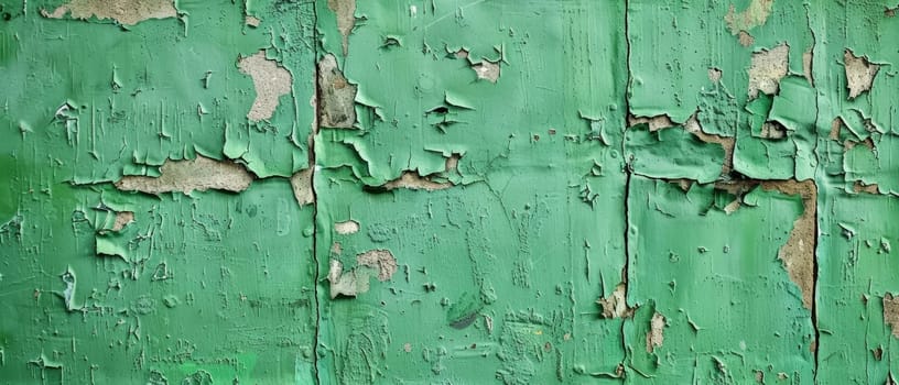 Wide-angle view of a deteriorated emerald green painted surface, showcasing a mix of peeling layers, crackled patterns, and underlying textures