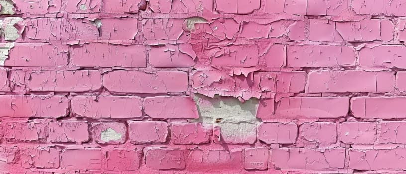 Wide angle view of a dilapidated pink brick wall, with peeling paint and signs of wear, perfect for background or texture use