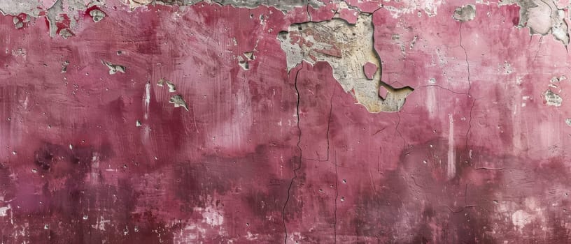 Wide perspective of a crumbling burgundy painted surface with patches of decay and layered paint textures