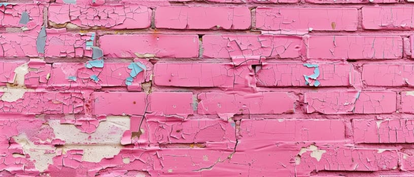 Wide angle view of a dilapidated pink brick wall, with peeling paint and signs of wear, perfect for background or texture use