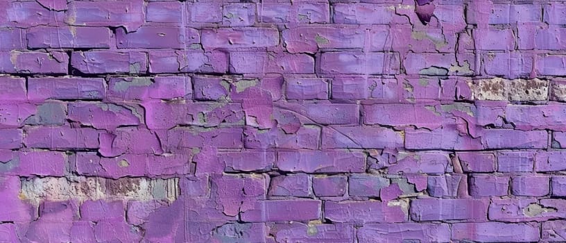 Wide shot of a purple brick wall with visible damage and decay, a stark reminder of nature's wear on manmade structures