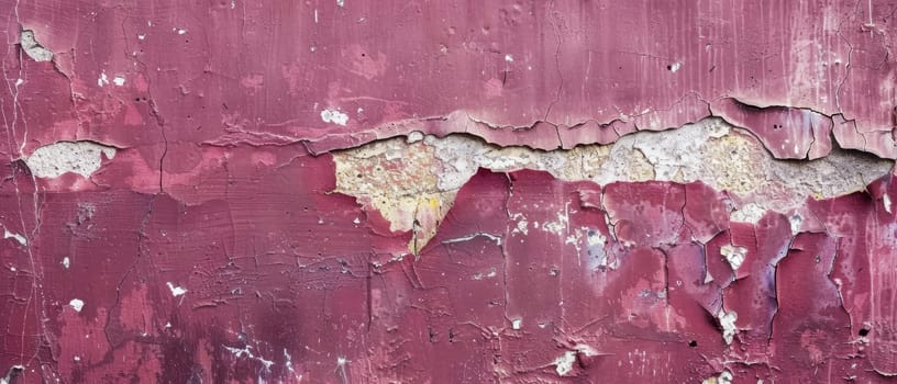 Wide perspective of a crumbling burgundy painted surface with patches of decay and layered paint textures