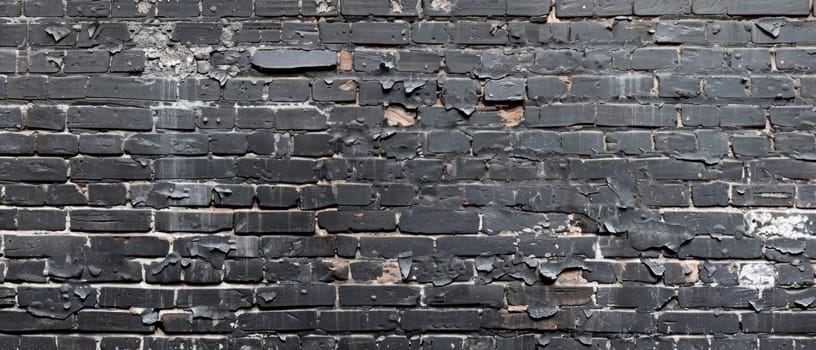 Wide angle shot of an aged black brick wall with peeling paint and scattered flaking, ideal for backgrounds