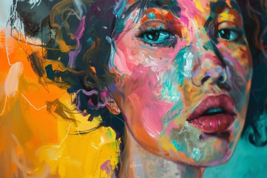 A captivating painting of a woman with striking blue eyes, exuding a sense of mystery and enchantment.