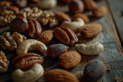 A variety of mixed nuts displayed on a rustic wooden table, showcasing their textures and colors up close.