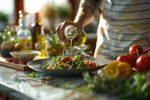 A chef passionately pours a stream of olive oil onto a vibrant salad in a sunlit kitchen, enhancing the flavors and textures.