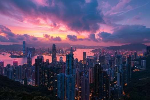 A vibrant city skyline twinkles under the night sky as viewed from a high vantage point, showcasing an array of colorful lights and bustling city life.