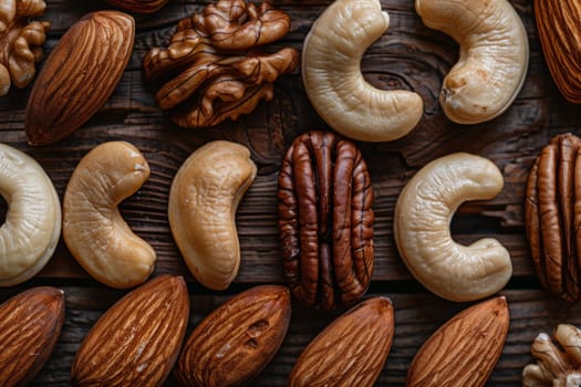 A variety of mixed nuts arranged on a wooden surface, showcasing the rich textures and colors of each nut.