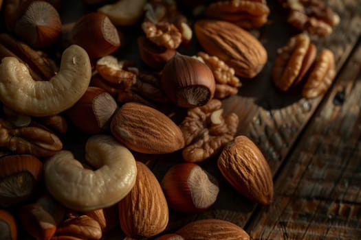 A variety of mixed nuts piled high on a rustic wooden table.