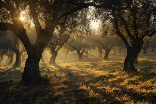 The morning sun filters through dense tree branches in a picturesque olive grove, casting a golden glow over the tranquil field.