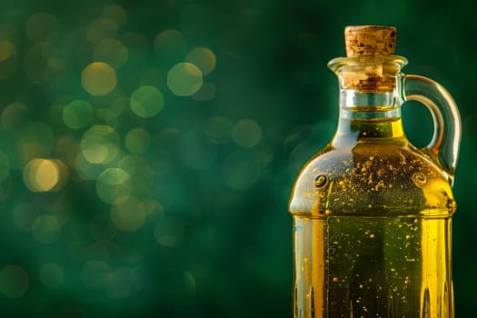 An isolated bottle of olive oil, its glass shimmering in the light.